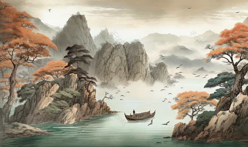手绘山涧渔船复古色调水墨画,插画/手绘图,插画/手绘图库,插画/手绘图下载,插画/手绘
